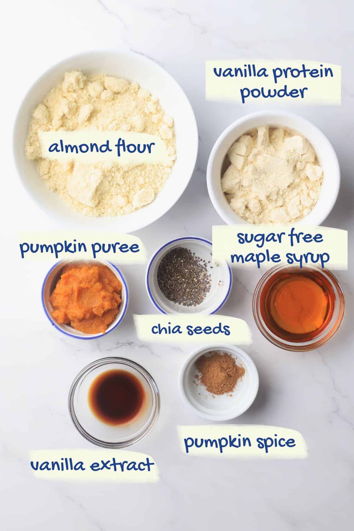 ingredients used for the pumpkin protein balls recipe with labels.