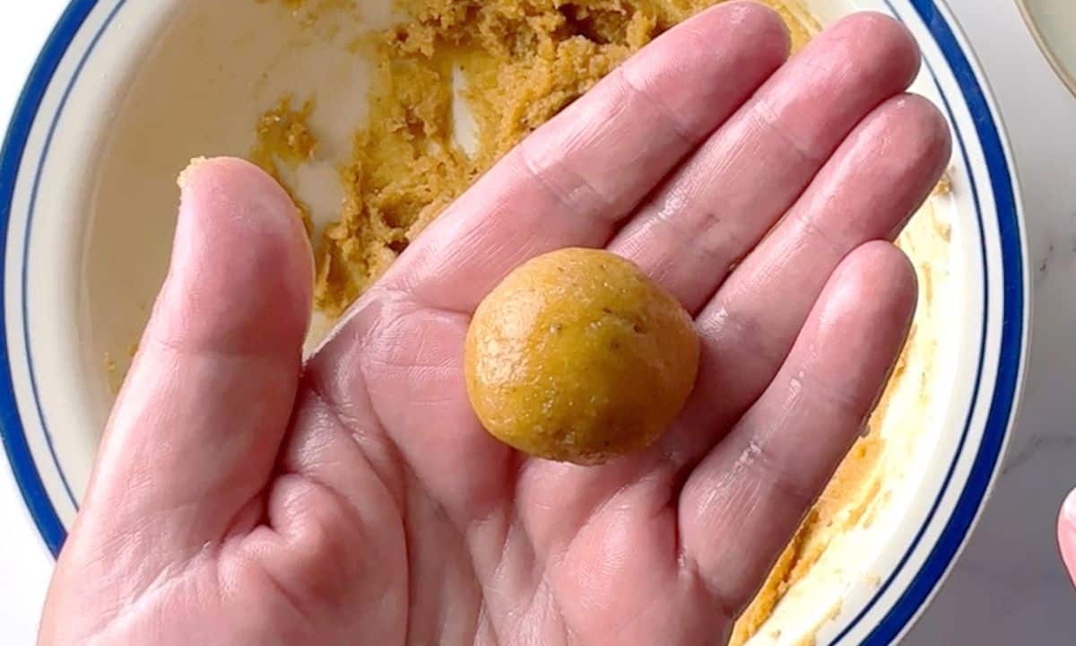 a rolled pumpkin protein ball in the palm of my hand.