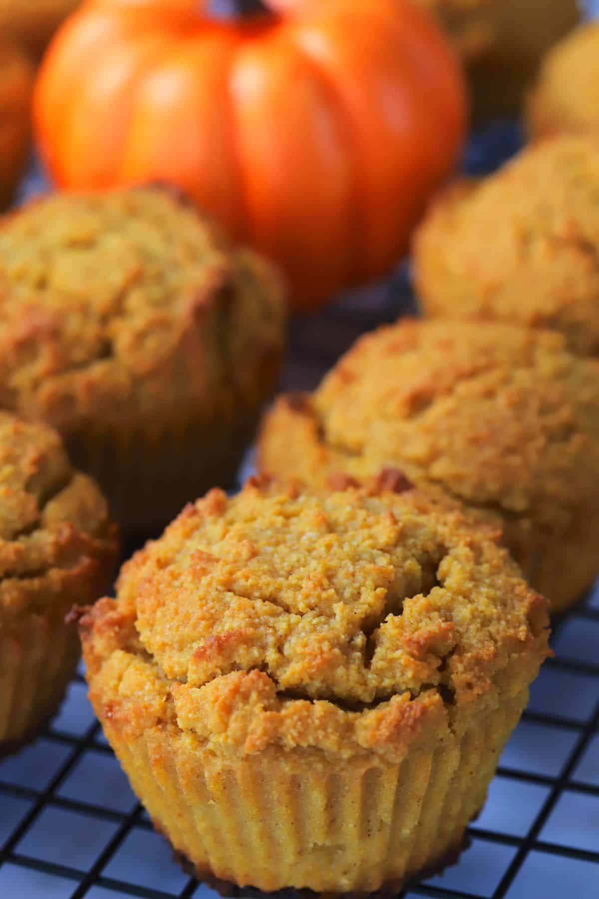 pumpkin muffins on a cooling rack with a small pumpkin.