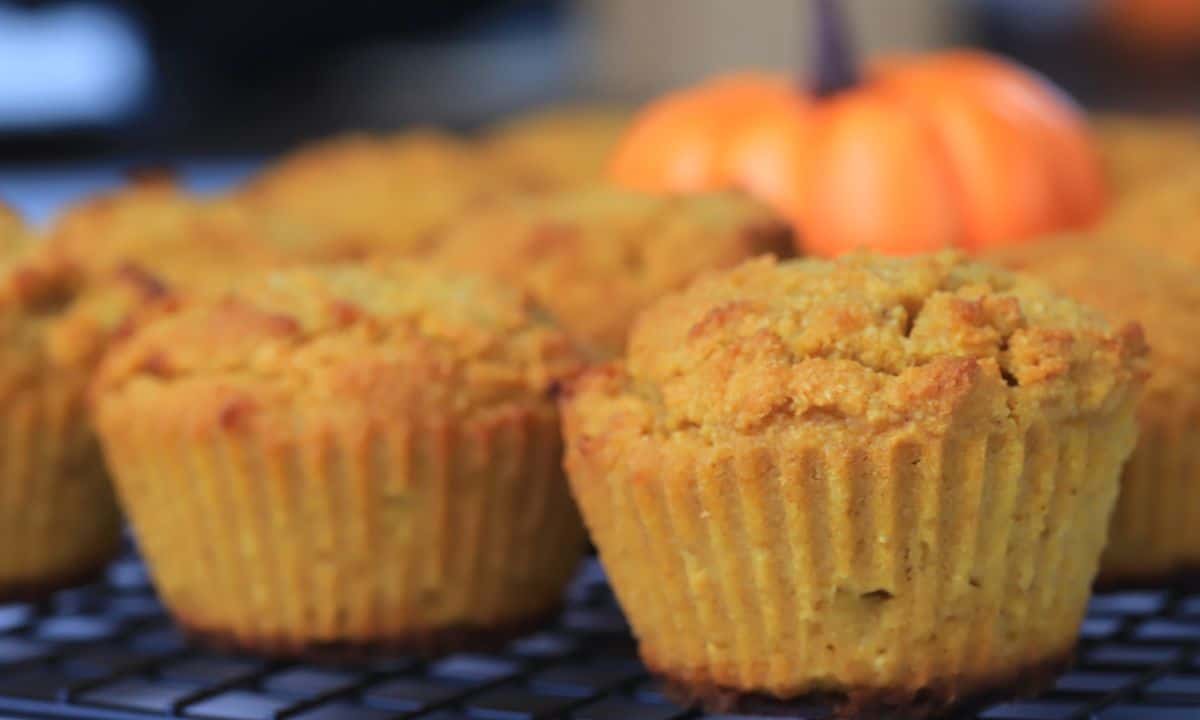 pumpkin muffins on a cooling rack with a small pumpkin.