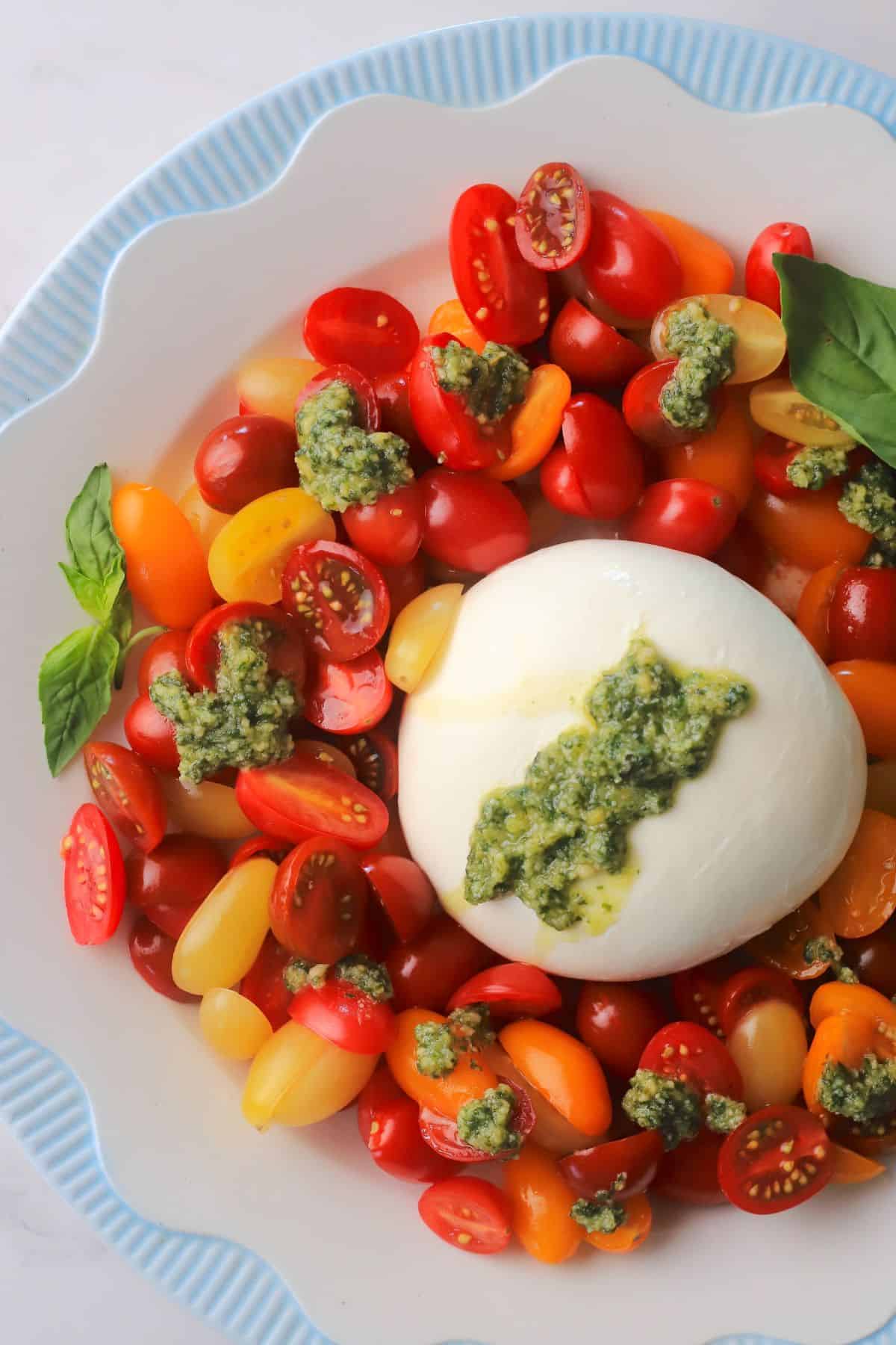 A burrata on a plate surrounded by sliced cherry tomatoes, with dollops of basil pesto and a garnish of basil leaves.