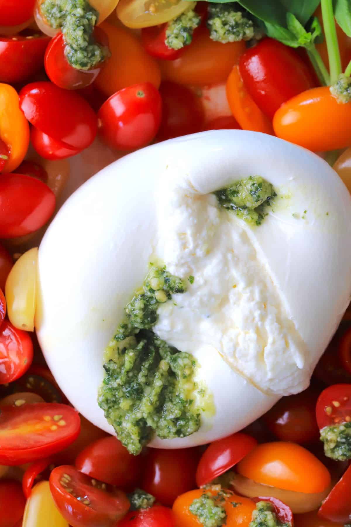 A burrata on a plate surrounded by sliced cherry tomatoes, with dollops of basil pesto and a garnish of basil leaves.