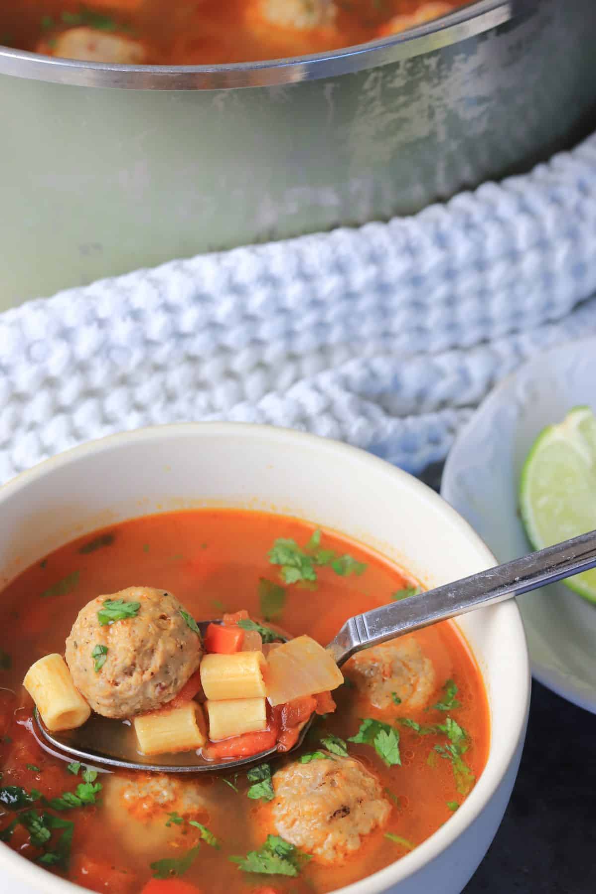 Low Carb Albondigas Mexican Meatball Soup Recipe in a bowl next to the pot of soup.