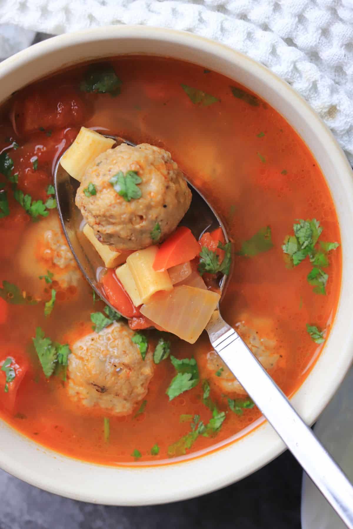 Low Carb Albondigas Mexican Meatball Soup Recipe in a bowl.