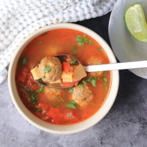 Low Carb Albondigas Mexican Meatball Soup Recipe in a bowl.