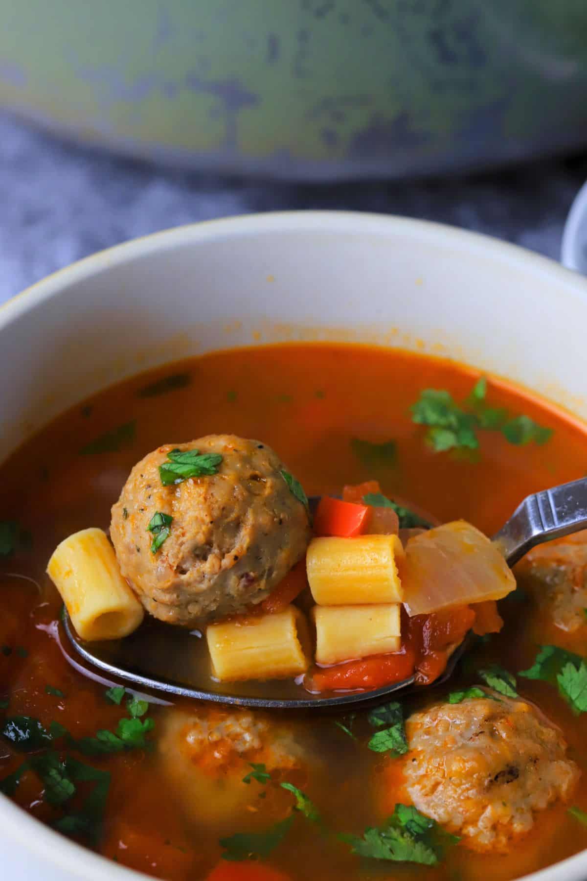 Low Carb Albondigas Mexican Meatball Soup Recipe in a bowl.