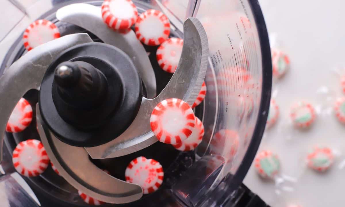 Top down photo of the food processor with candy canes in it.