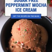 Scoops of the sugar free peppermint mocha ice cream in a black bowl.