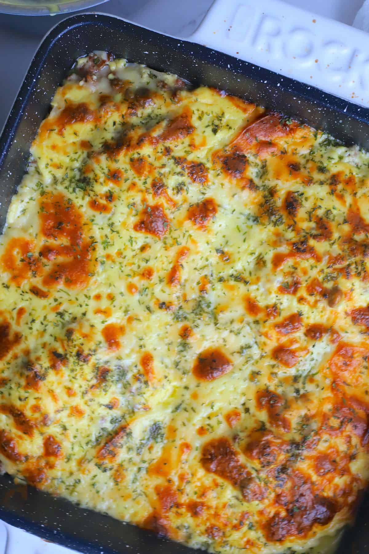 Baked Low carb protein lasagna in the baking pan.