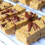 Gluten and dairy free protein bars drizzled with chocolate.