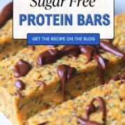 Gluten and dairy free protein bars drizzled with chocolate.