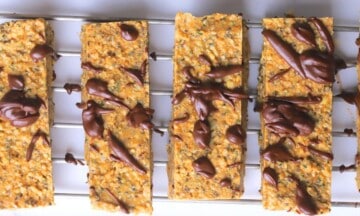 Gluten and dairy free protein bars drizzled with chocolate.