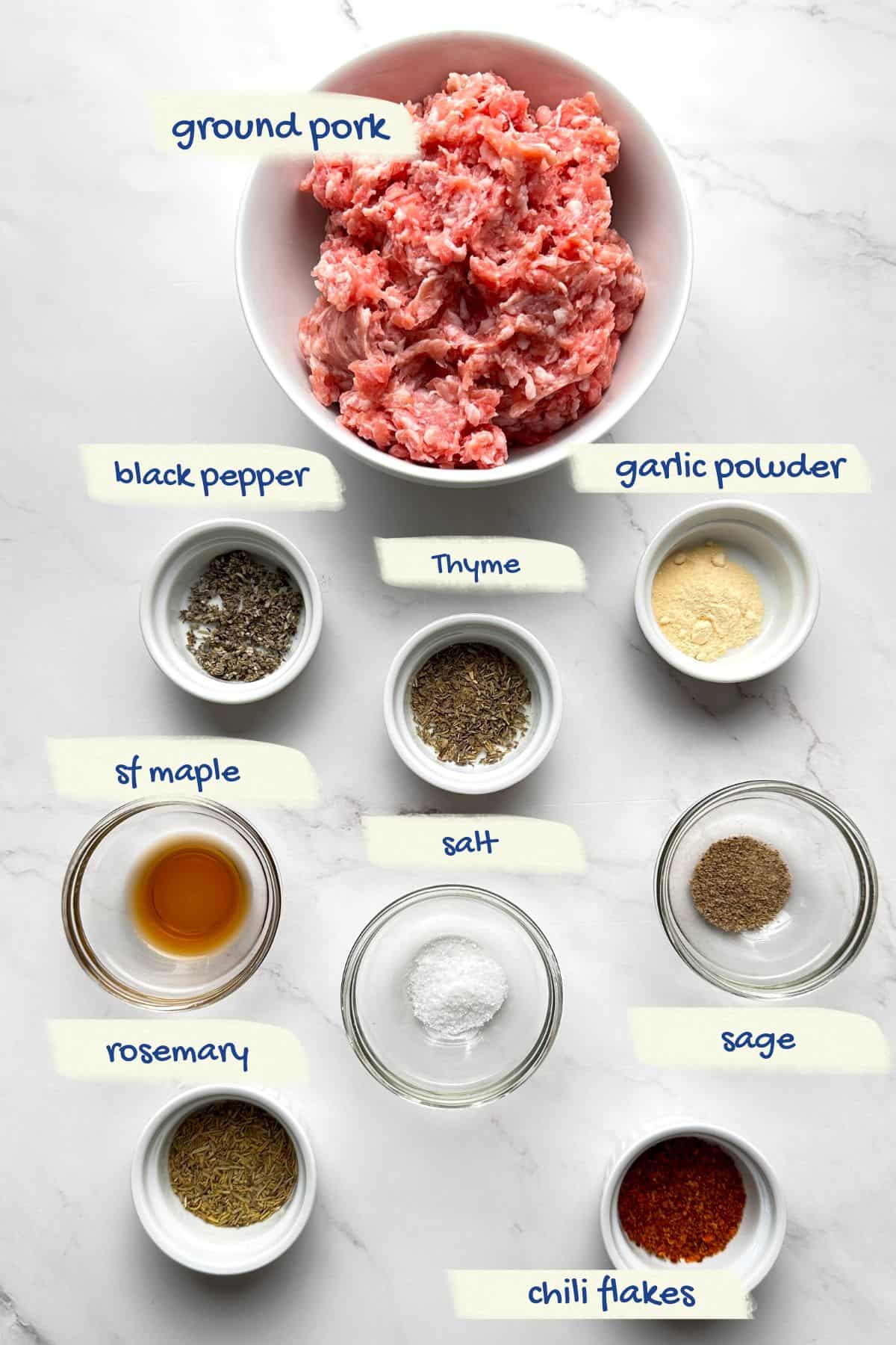 Ingredients in bowls used for the carnivore breakfast sausage patties.