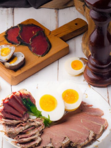 Table with a cutting board with meat, a pepper grinder and a plate with different meats and boiled eggs.