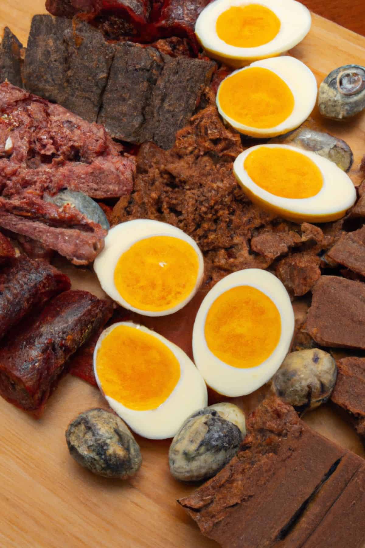 Cutting board topped with a variety of carnivore diet snacks like boiled eggs and meats.