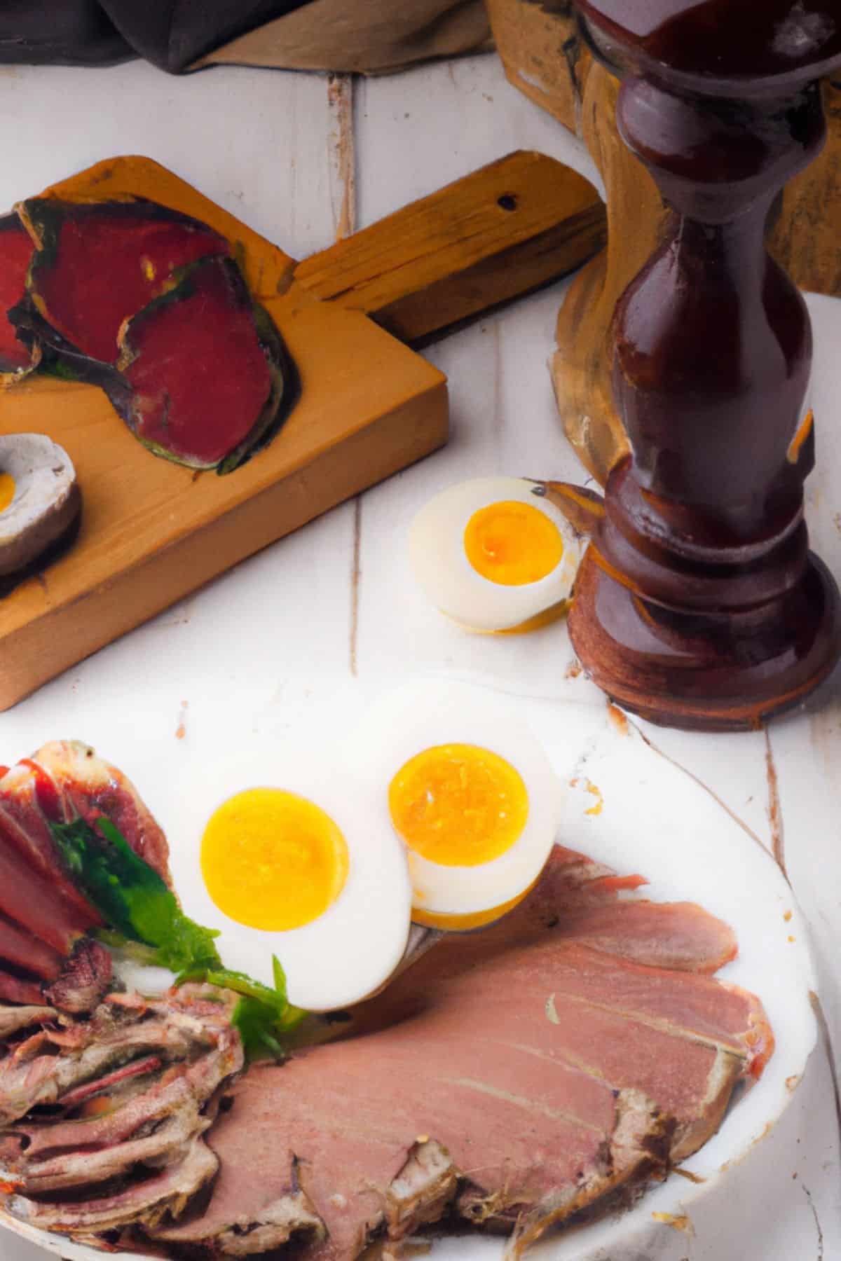 Table with a cutting board with meat, a pepper grinder and a plate with different meats and boiled eggs.
