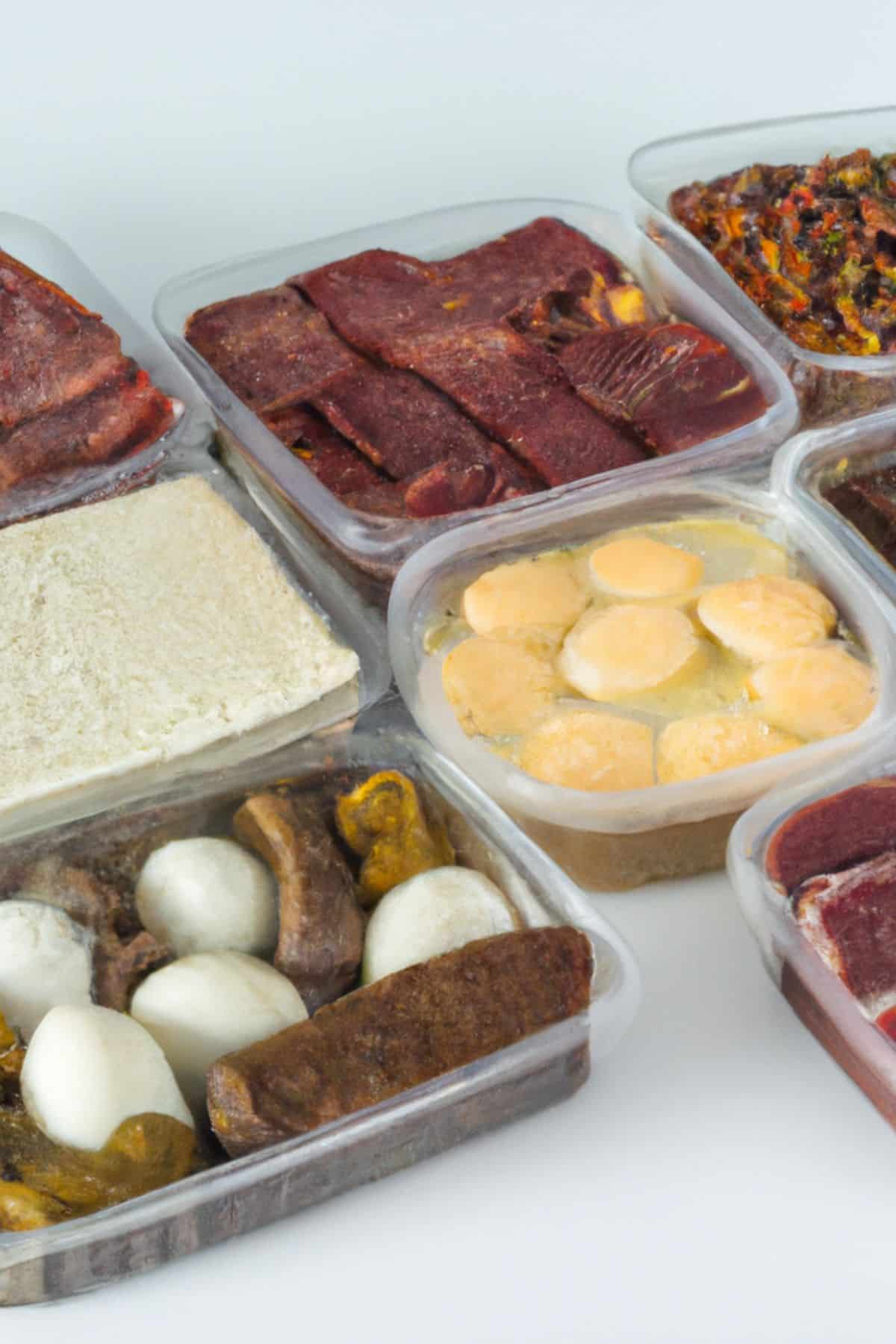 Tupperware containers filled with beef jerky, sausages, boiled eggs and different meats.