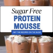 Protein mousse in glass containers topped with whipped cream.