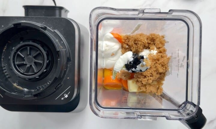 The wet ingredients in the blender before blending.