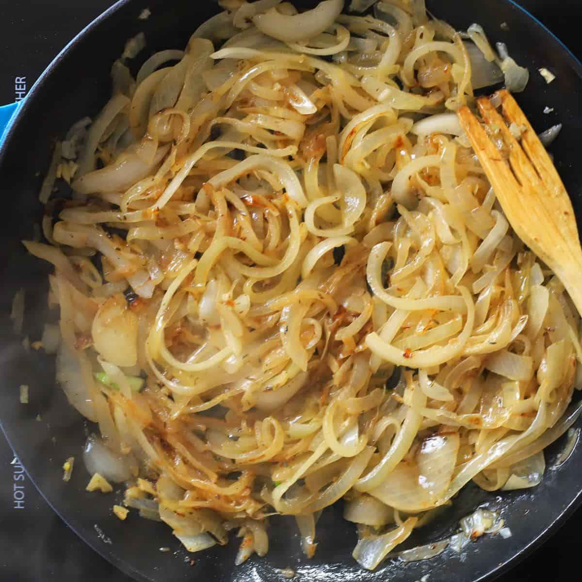 Caramelized onions in the skillet.