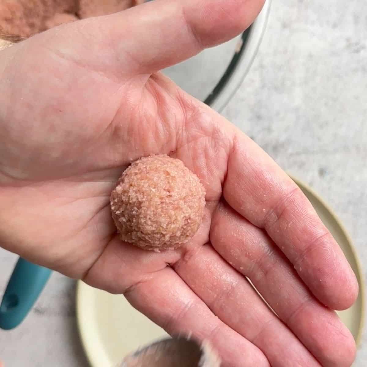 Rolled strawberry protein bliss ball in the palm of a hand.