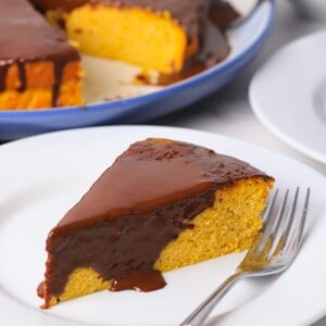 Closeup of a slice of sugar free brazilian carrot cake.