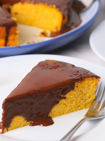 Closeup of a slice of sugar free brazilian carrot cake.