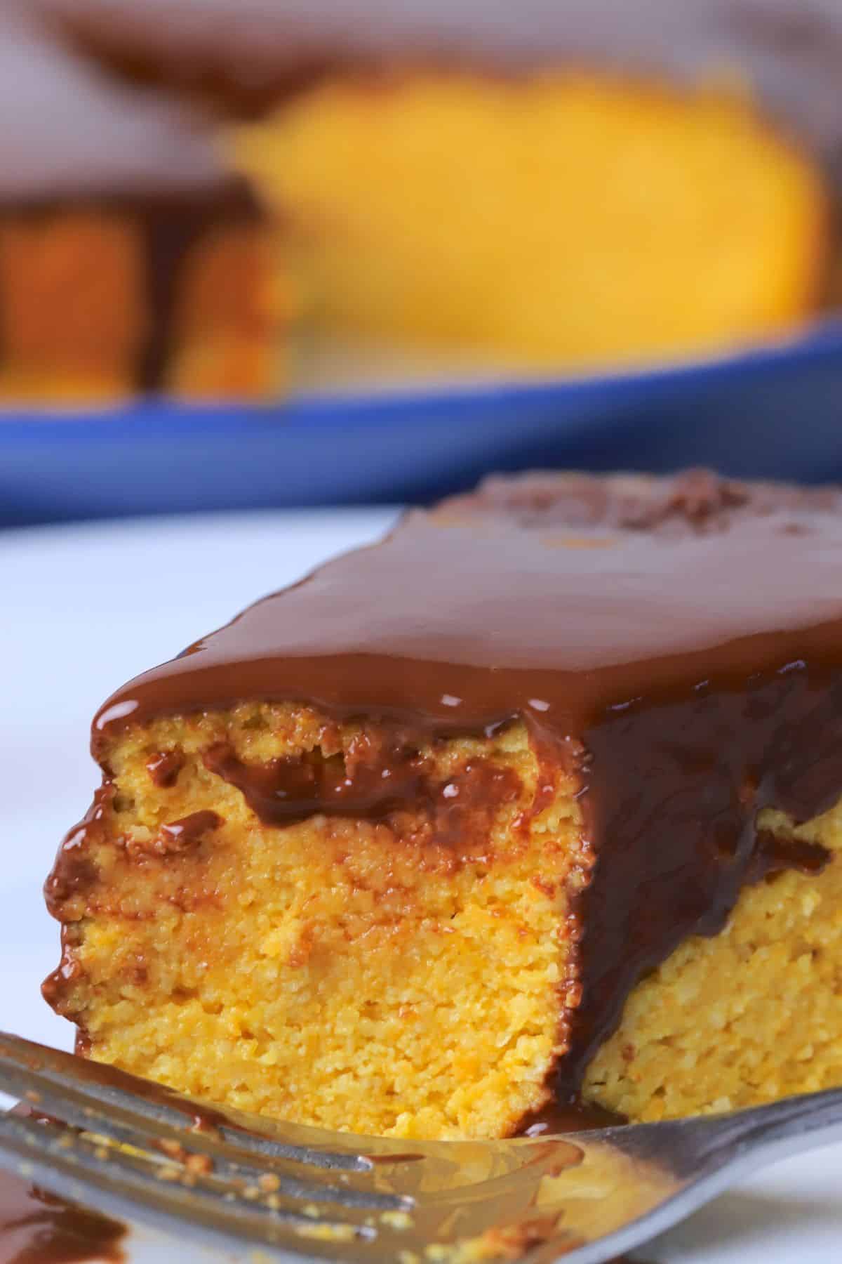 Closeup of a slice of sugar free brazilian carrot cake.