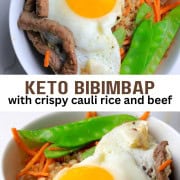 A white bowl filled with a bibimbap recipe of crispy cauliflower rice, beef, shredded carrots, snow peas and topped with a fried egg.