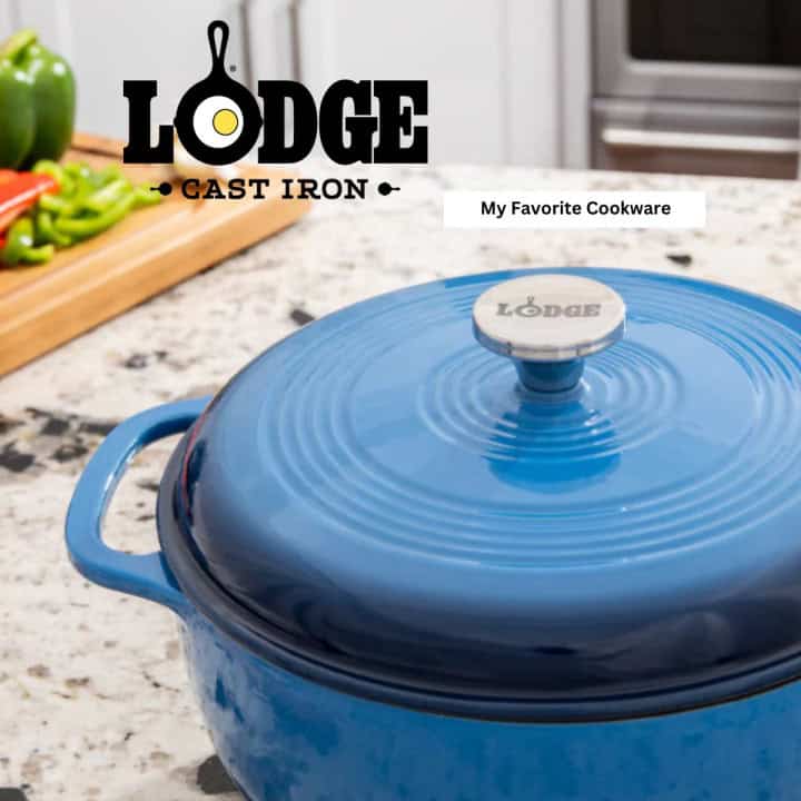 Lodge enamel dutch oven in blue on a kitchen countertop.