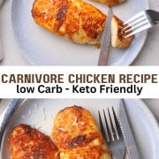 Two cooked low carb carnivore chicken breast on a plate with a fork and knife.