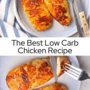 Two cooked low carb carnivore chicken breast on a plate with a fork and knife.
