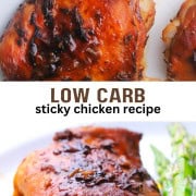 Two sticky chicken thighs with a low carb sauce on a plate next to asparagus spears.