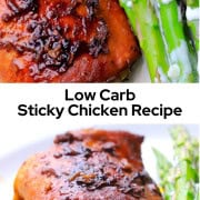 Two sticky chicken thighs with a low carb sauce on a plate next to asparagus spears.