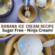 A bowl of sugar free banana ice cream next to small bowls, a banana and the ninja creami container.
