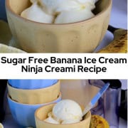 A bowl of sugar free banana ice cream next to small bowls, a banana and the ninja creami container.
