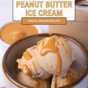 Sugar free chocolate peanut butter ice cream in a bowl topped with a drizzle of peanut butter with small bowls of chocolate protein powder and a small bowl of creamy peanut butter.