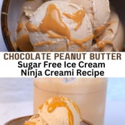 Sugar free chocolate peanut butter ice cream in a bowl topped with a drizzle of peanut butter with small bowls of chocolate protein powder and a small bowl of creamy peanut butter.