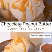 Sugar free chocolate peanut butter ice cream in a bowl topped with a drizzle of peanut butter with small bowls of chocolate protein powder and a small bowl of creamy peanut butter.