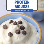 White chocolate mousse in blue bowls topped with sugar free chocolate chips.