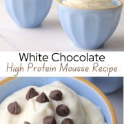 White chocolate mousse in blue bowls topped with sugar free chocolate chips.