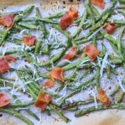 Baked Green Beans with Parmesan and Crispy Bacon on a sheet pan.