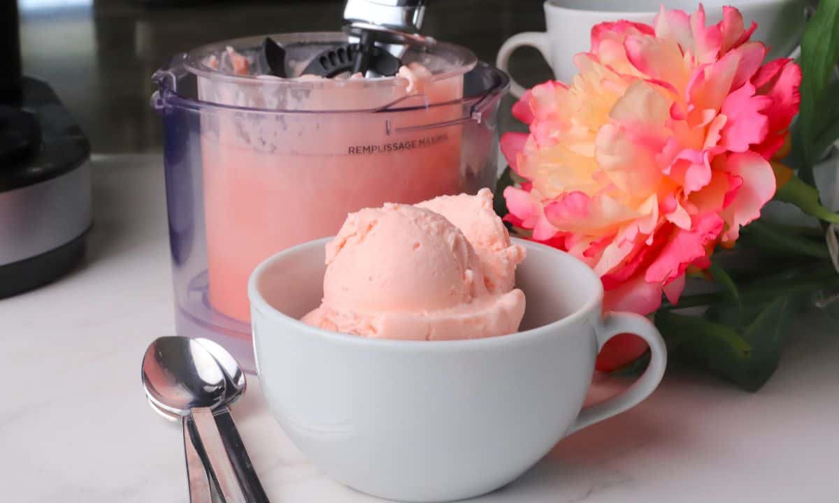 Sugar free cotton candy ice cream in a white bowl with flowers and the ninja creami pint in the background.
