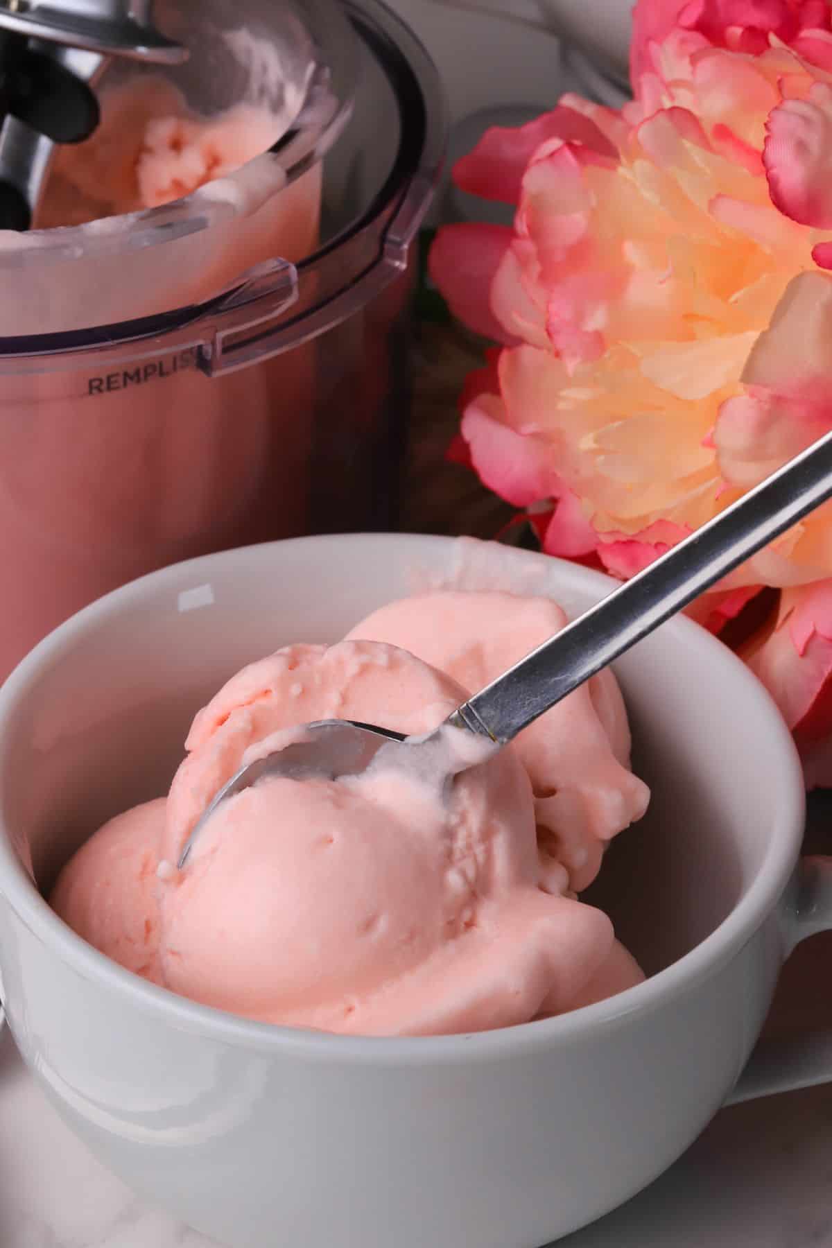 Sugar free cotton candy ice cream in a white bowl with a spoon and flowers and the ninja creami pint in the background.