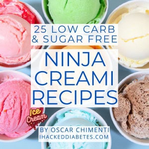 Book cover for 25 Low Carb & Sugar Free Ninja Creami Ice Cream Recipes, with title and author name with bowls of ice cream in the background.