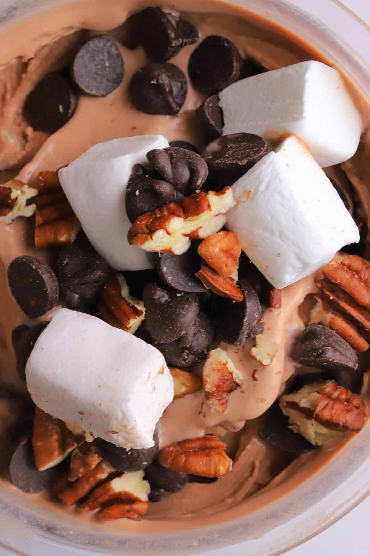 Close up of sugar free rocky road ice cream in the ninja creami pint.