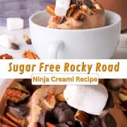 Sugar free rocky road ice cream in a bowl next to the ninja creami pint.