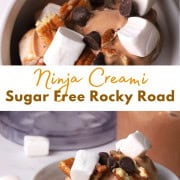 Sugar free rocky road ice cream in a bowl next to the ninja creami pint.