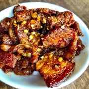 Sweet and spicy keto pork belly in a bowl.
