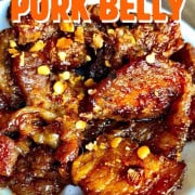Sweet and spicy keto pork belly in a bowl.
